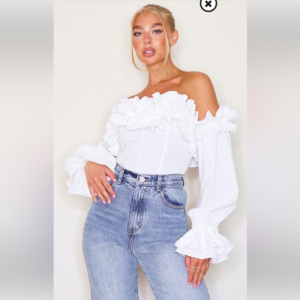 White Ruffle Hem Off Shoulder Top